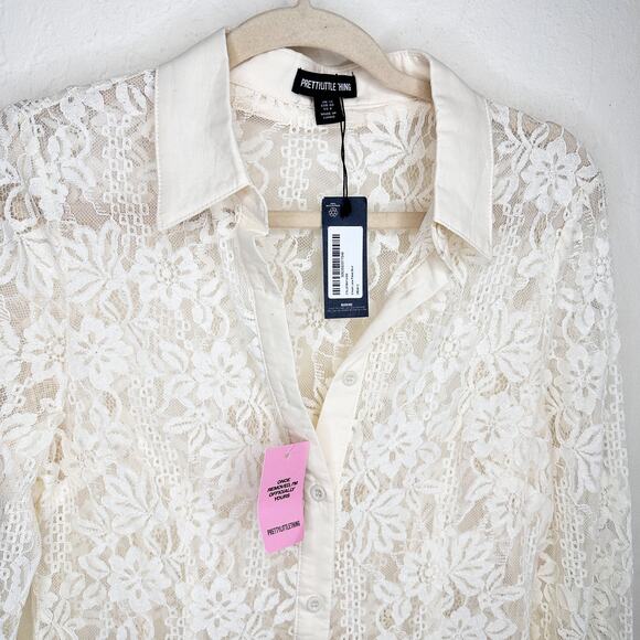 NWT Pretty Little Thing Cream Lace Fitted Bell Sleeve Button Down Shirt Blouse 8 - Picture 4 of 13